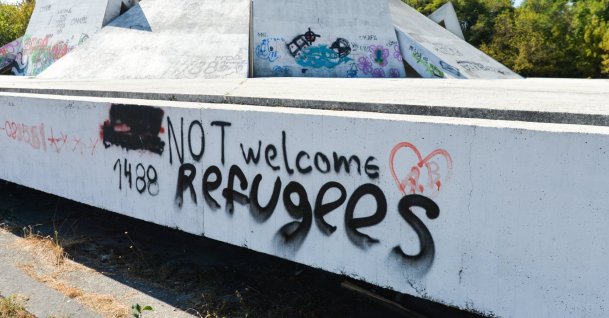 A graffiti reading "NOT Welcome Refugees" is seen on a wall at the Memorial Complex Hillock of Fraternity in "Relaxation and Culture" Park, in Plovdiv, Bulgaria, Oct. 2, 2020. (Reuters Photo)