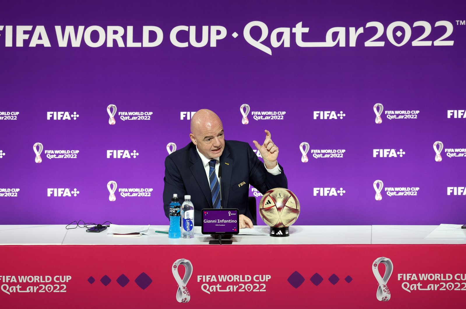 FIFA President Gianni Infantino speaks to the media ahead of the third place and final matches of the FIFA World Cup Qatar 2022 in Doha, Qatar, Dec. 16, 2022. (Getty Images Photo)