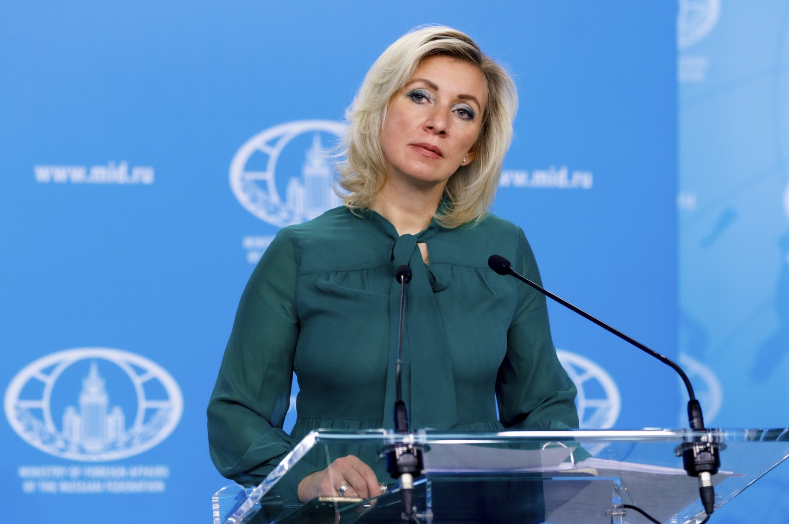 Russian Foreign Ministry spokesperson Maria Zakharova speaks to the media in Moscow, Russia, Nov. 2, 2022. (Russian Foreign Ministry Press Service via AP)