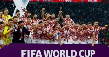 Croatia players celebrate on stage after FIFA World Cup Qatar 2022 Third-Place Playoff match between Croatia and Morocco, at the Khalifa International Stadium, in Doha, Qatar, Dec. 17, 2022. (Reuters Photo)