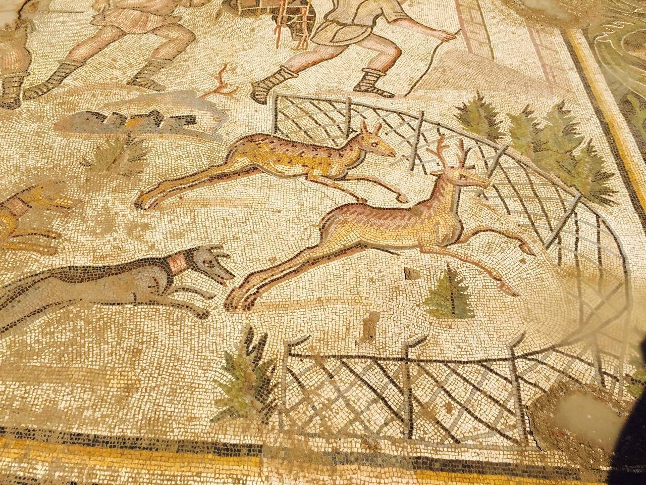 Tampilan dekat mozaik yang menggambarkan pemandangan perburuan di kota kuno Germanicia, Kahramanmaraş, Türkiye selatan, 15 Desember 2022. (Foto DHA)