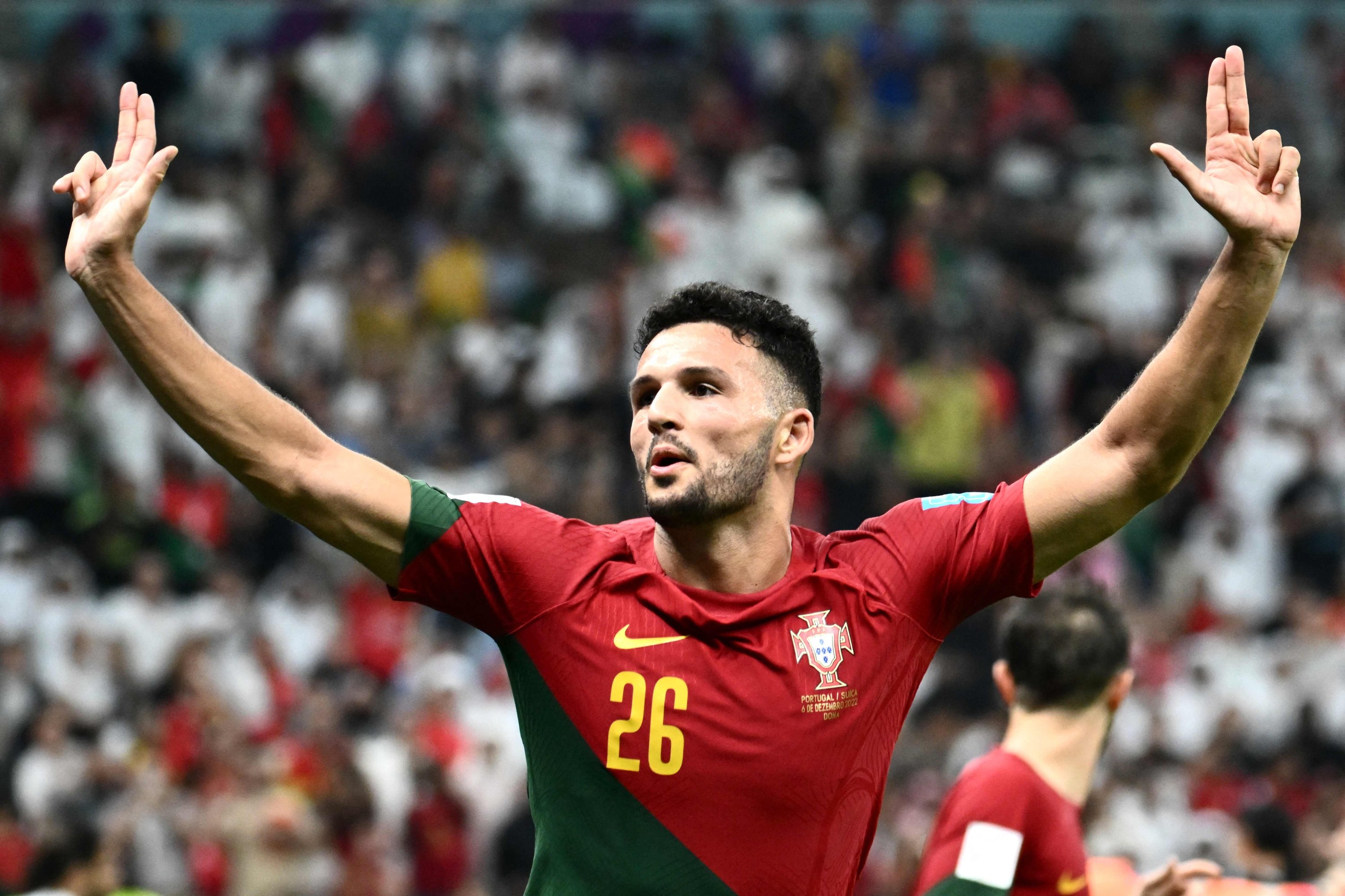 Goncalo Ramos dari Portugal merayakan golnya dalam pertandingan Piala Dunia Qatar 2022 melawan Swiss, Lusail, Qatar, 6 Desember 2022. (Foto AFP)