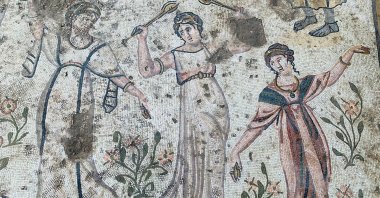 A close-up of a mosaic depicting three women dancing to music in the ancient city of Germanicia, Kahramanmaraş, southern Türkiye, Dec. 15, 2022. (DHA Photo)