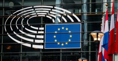 The logo of the European Parliament in Brussels, Belgium, Dec. 13, 2022. (EPA Photo)