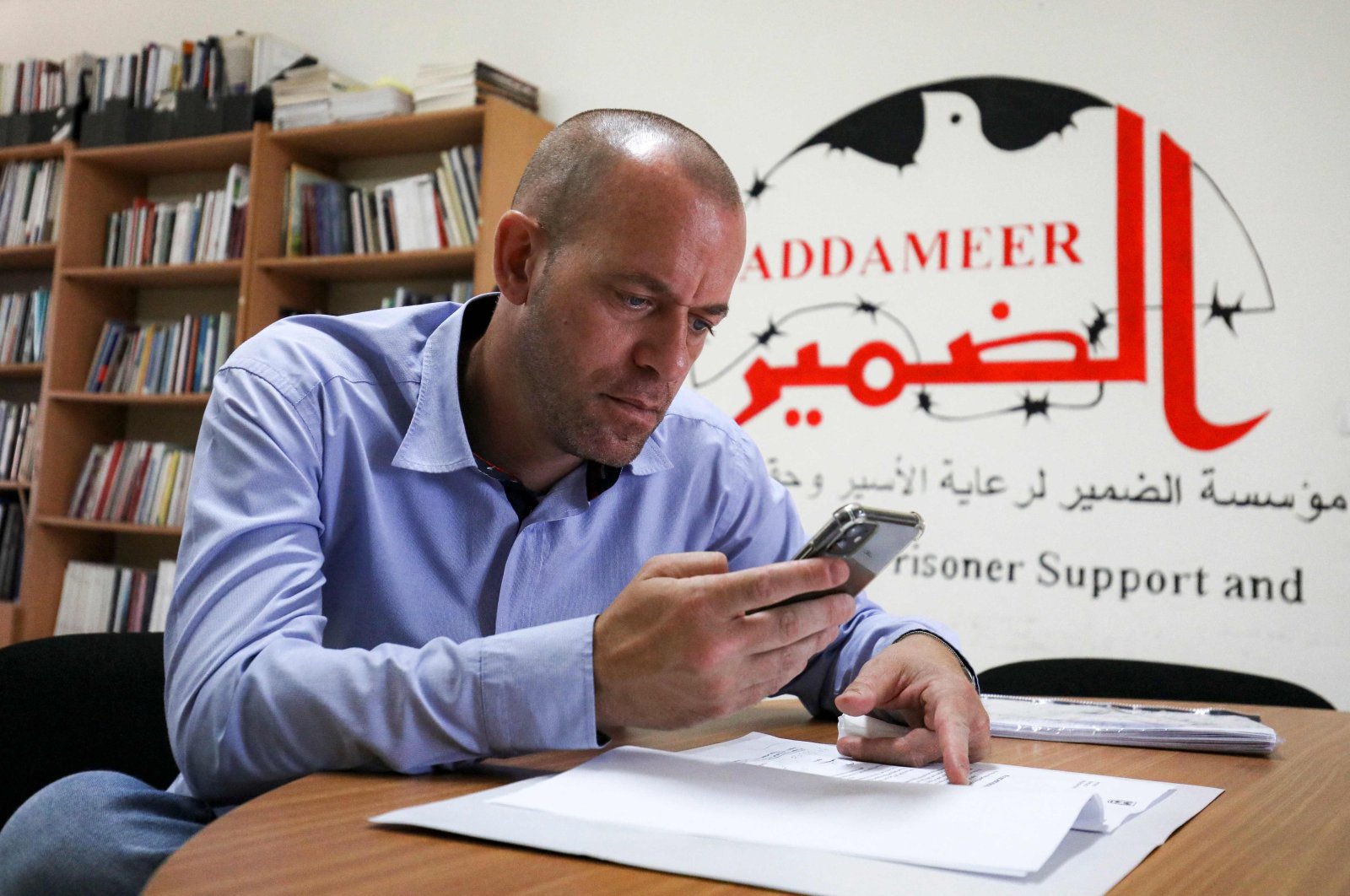 Franco-Palestinian lawyer Salah Hammouri works at his office in Ramallah, occupied West Bank, Palestine, Oct. 1, 2020. (AFP Photo)