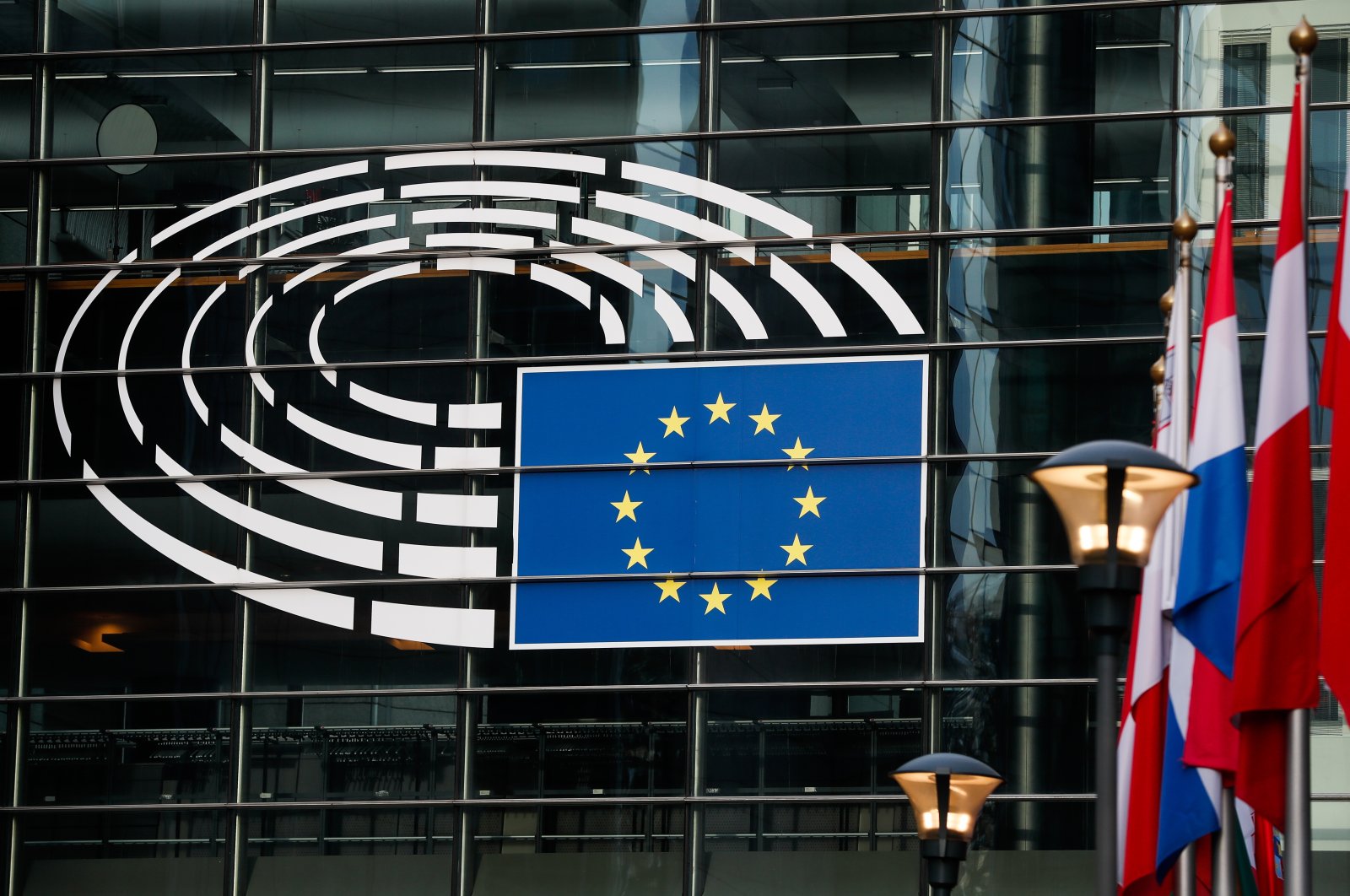 The logo of the European Parliament in Brussels, Belgium, Dec. 13, 2022. (EPA Photo)