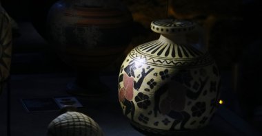 A 3,200 years old perfume produced from plants generally found in upper Mesopotamia displayed in the exhibition held at the historic Church of St. George, Diyarbakır, Türkiye, Dec. 18, 2022. (DHA Photo)