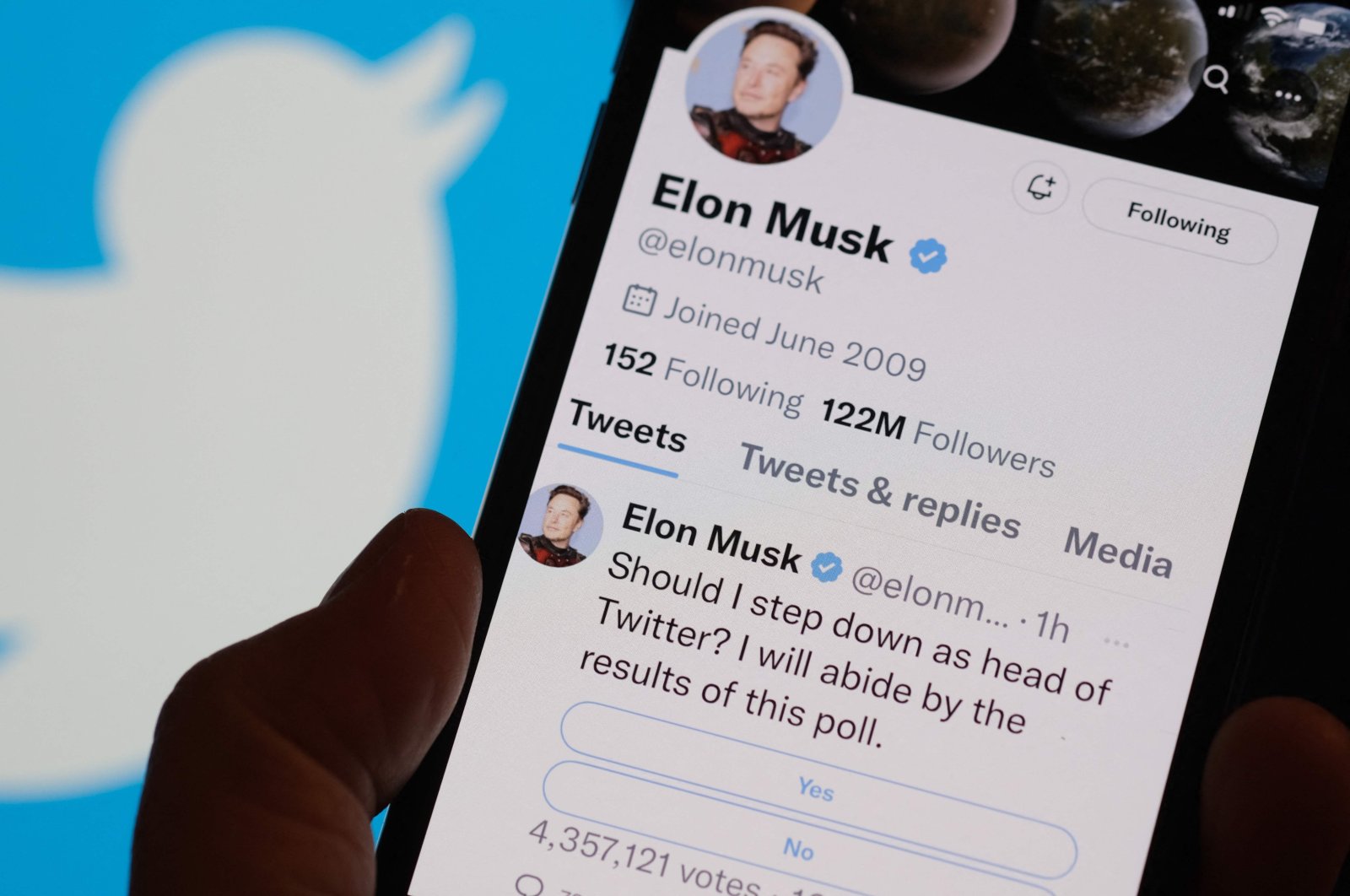 This photo illustration shows a phone displaying Elon Musk&#039;s Twitter page where he is conducting a survey about his future as the head of the company, Los Angeles, U.S., Dec. 18, 2022. (AFP Photo)