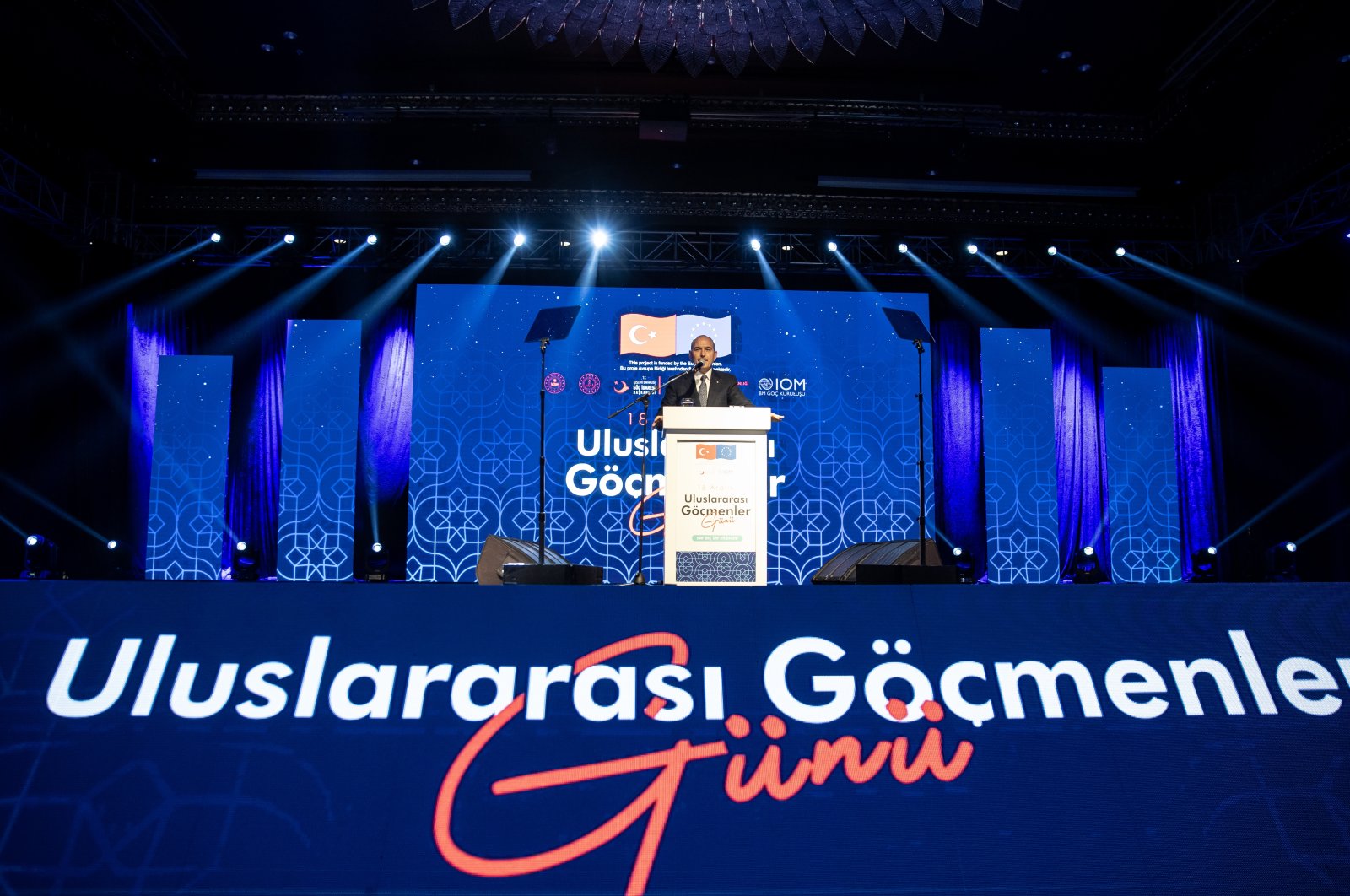  Interior Minister Süleyman Soylu speaks at an event held in the capital Ankara to mark International Migrants Day, Türkiye, Dec.18, 2022 (AA Photo)