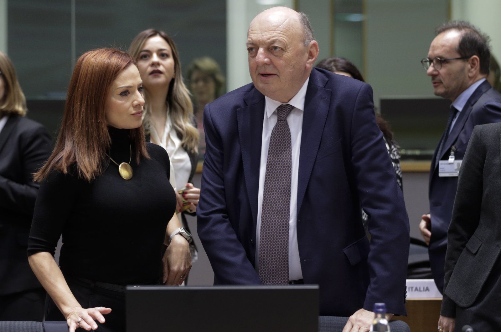Malta&#039;s Energy Minister Miriam Dalli (Left) and  Italy&#039;s Minister of Environment and Energy Security Gilberto Pichetto Fratin (Right) speak to each other during a Special EU energy council on the energies crisis in Brussels, Belgium, Dec. 19, 2022. (EPA Photo)
