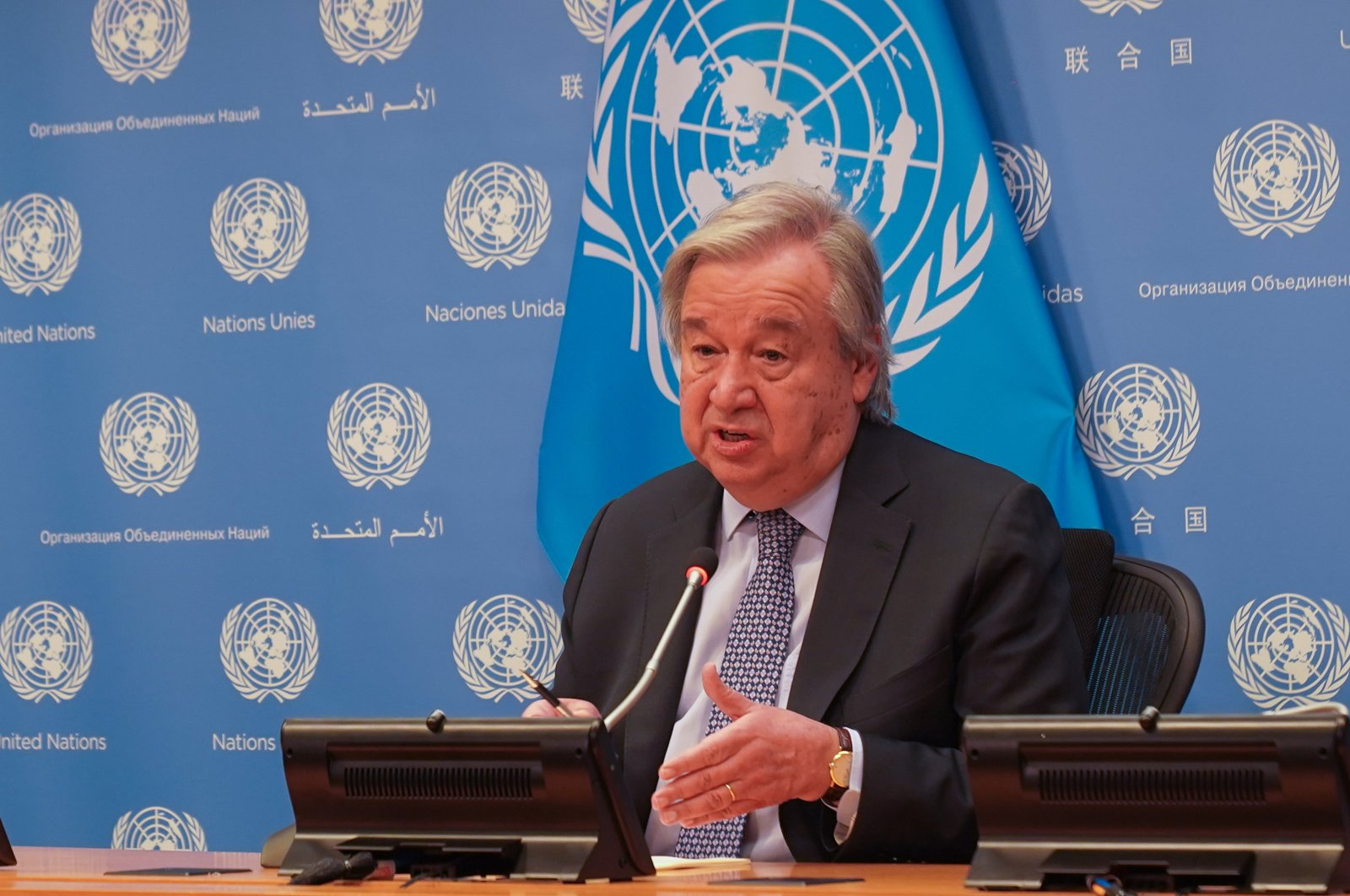 U.N. Secretary-General Antonio Guterres speaks to members of the press at the United Nations Headquarters in New York City, New York, U.S., Dec. 19, 2022. (Reuters Photo)