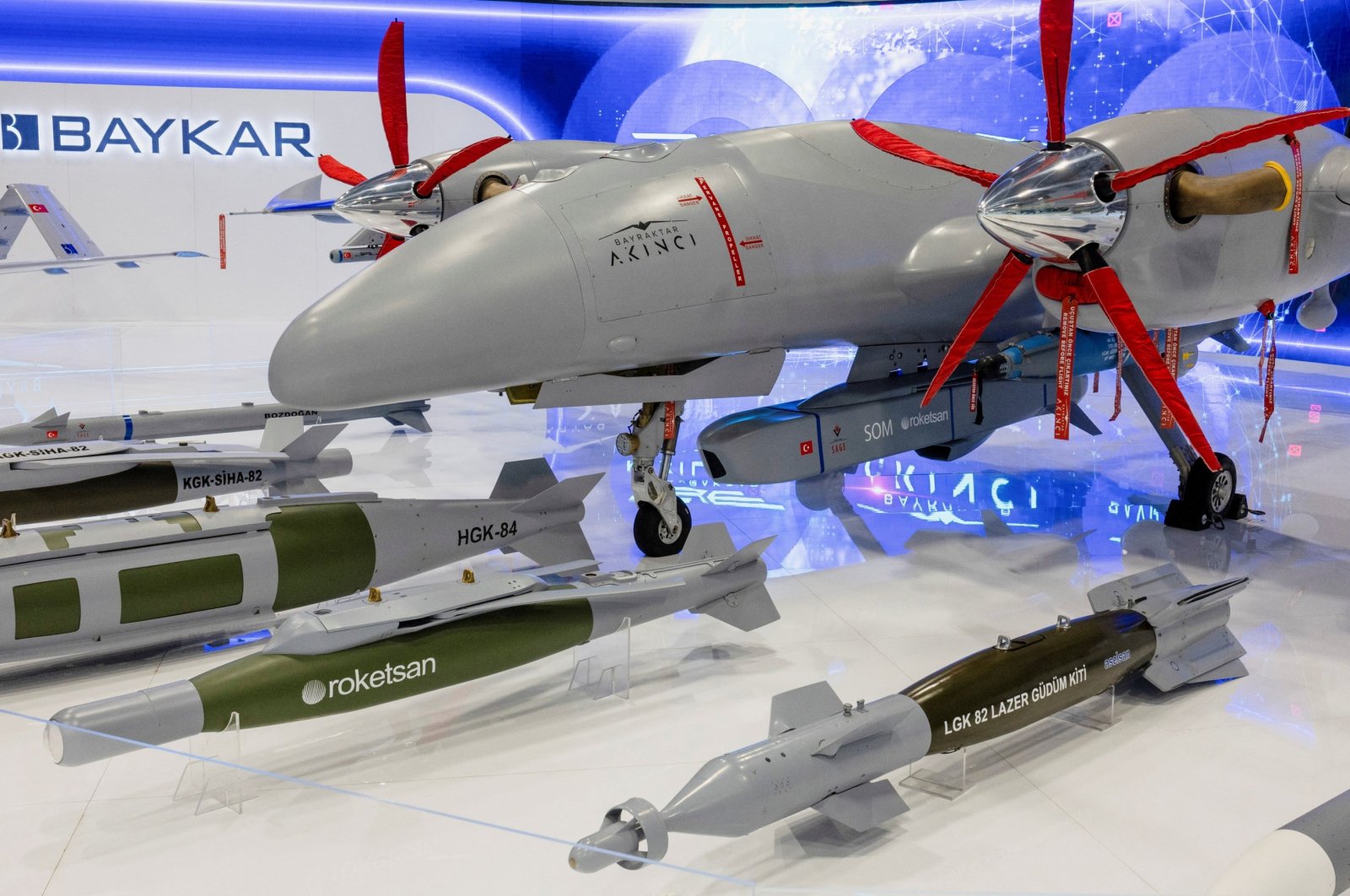 A Bayraktar Akıncı UCAV and ammunitions on display at the SAHA Expo Defense and Aerospace Fair in Istanbul, Türkiye, Oct. 27, 2022. (Reuters Photo)
