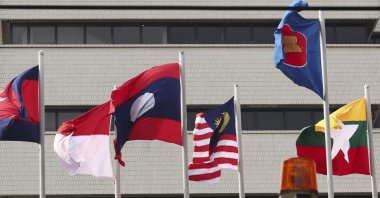 Flags of some of the ASEAN member countries fly at the ASEAN Secretariat in Jakarta, Indonesia, April 22, 2021. (AP Photo)