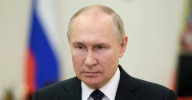 Russian President Vladimir Putin congratulates security services officers and veterans on Security Agency Workers Day via a video link at the Kremlin in Moscow, Russia, Dec. 20, 2022. (AFP Photo)