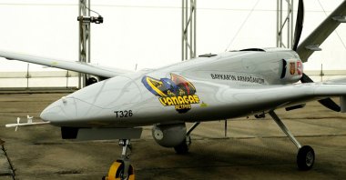 A Bayraktar TB2 combat drone donated to Ukraine is seen during a presentation, in Siauliai Air Base, Lithuania, July 6, 2022. (Reuters Photo)