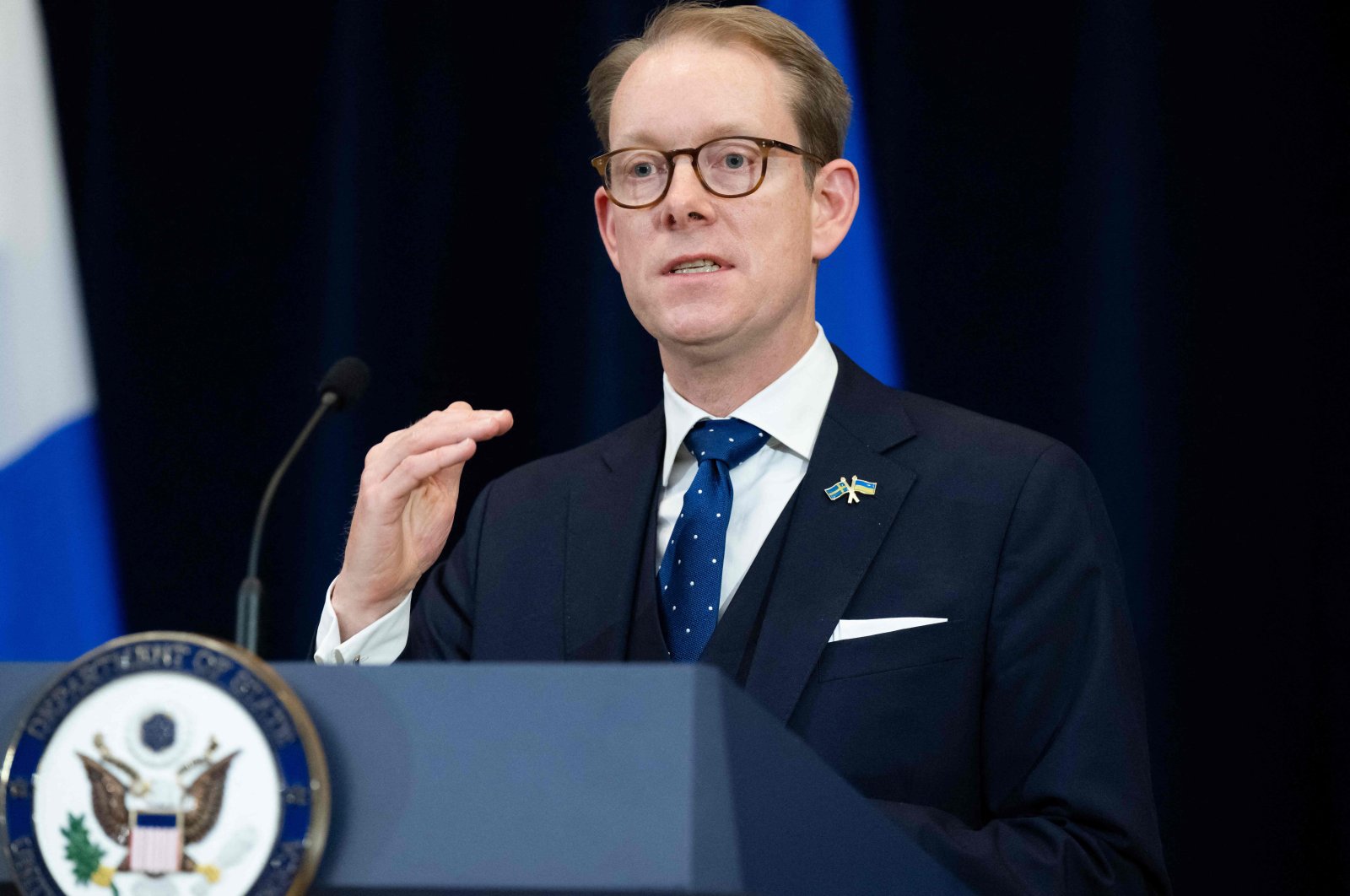 Swedish Foreign Minister Tobias Billström speaks during a news conference following meetings at the State Department in Washington, D.C., U.S., Dec. 8, 2022. (AFP Photo)