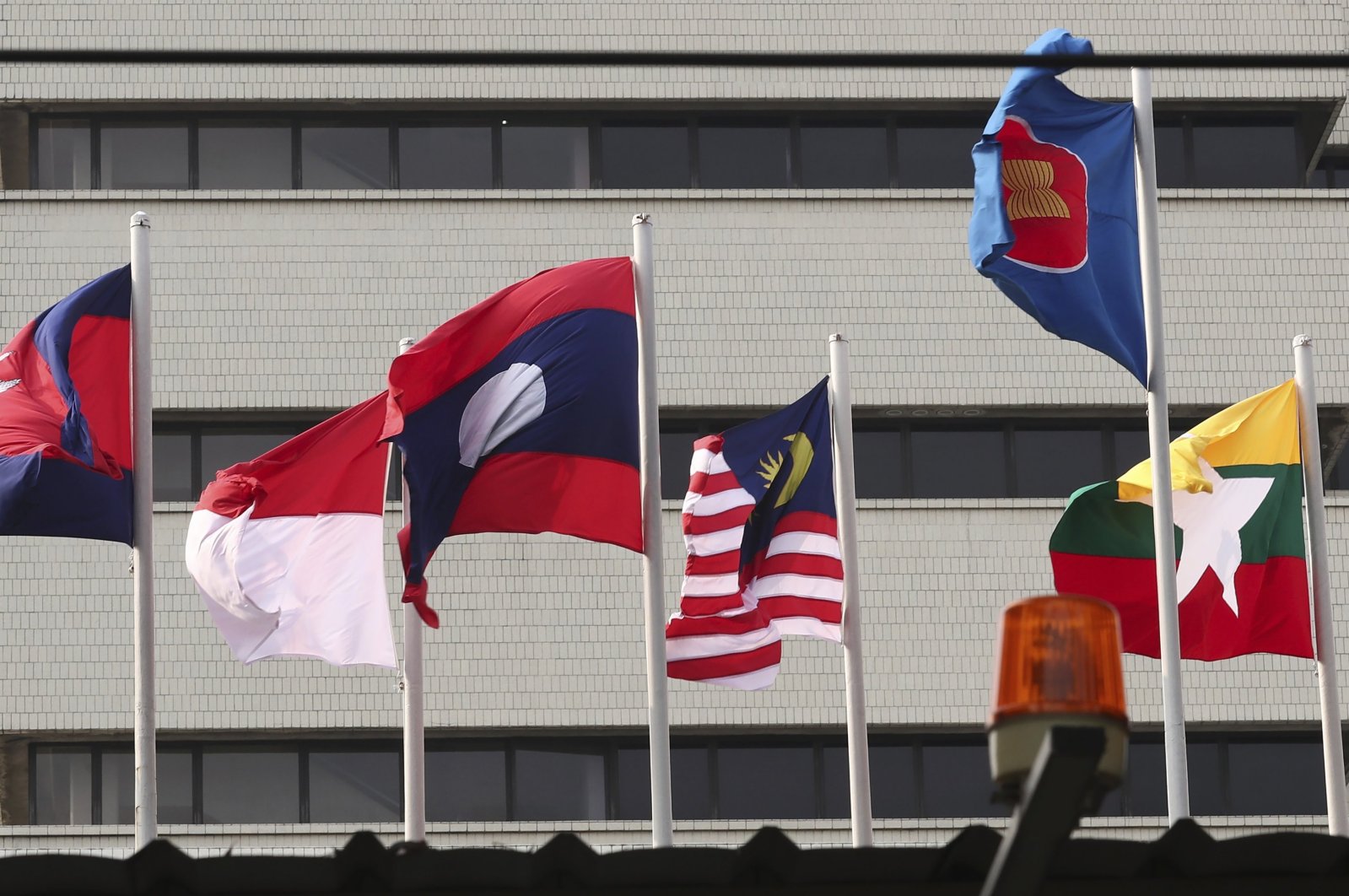 Flags of some of the ASEAN member countries fly at the ASEAN Secretariat in Jakarta, Indonesia, April 22, 2021. (AP Photo)