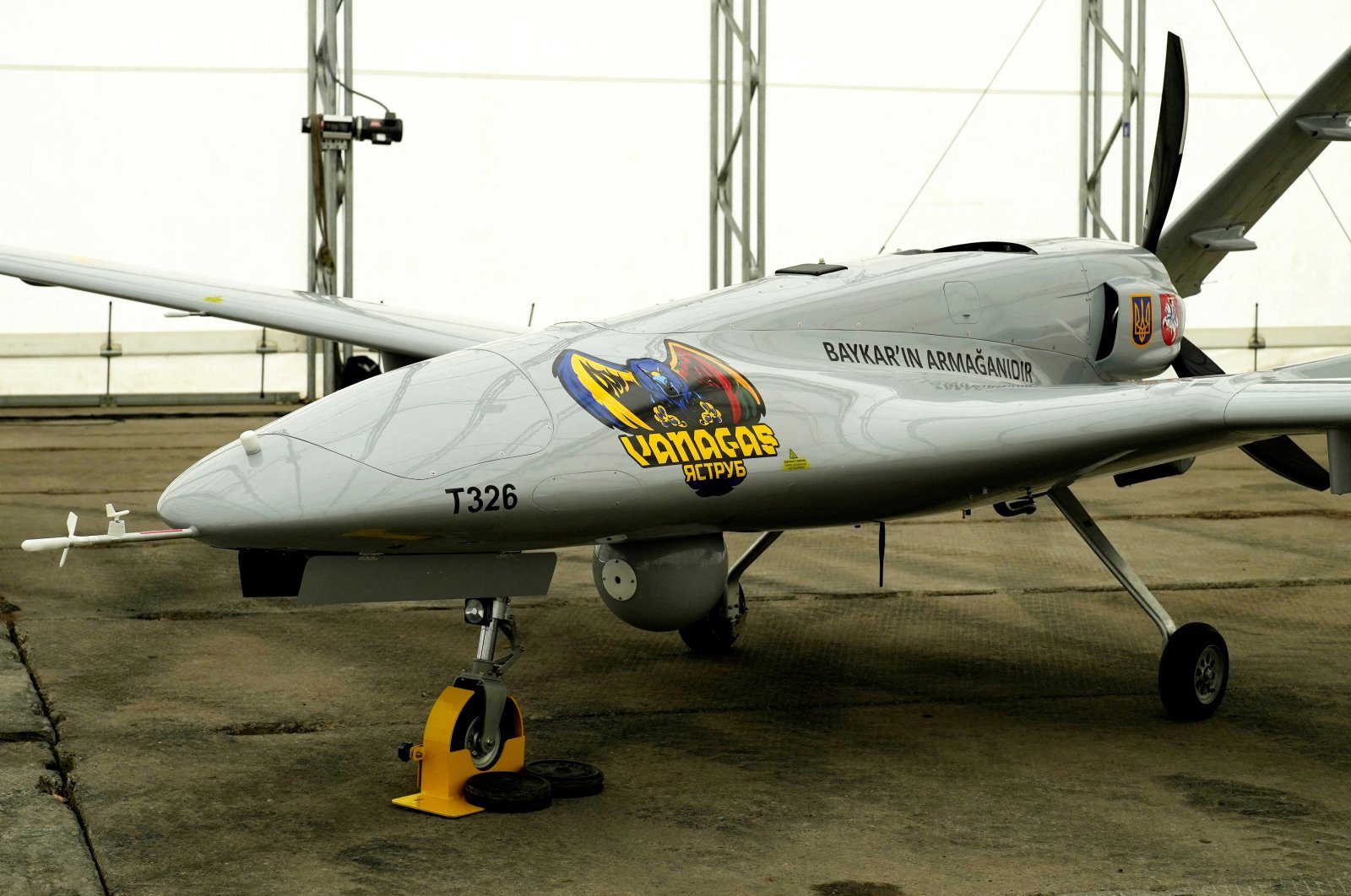 A Bayraktar TB2 combat drone donated to Ukraine is seen during a presentation, in Siauliai Air Base, Lithuania, July 6, 2022. (Reuters Photo)
