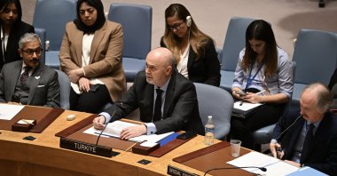 Türkiye's Ambassador to the U.N. Feridun Sinirlioğlu speaks at a U.N. Security Council meeting on Syria in New York, U.S., Nov. 29, 2022. (AA Photo)