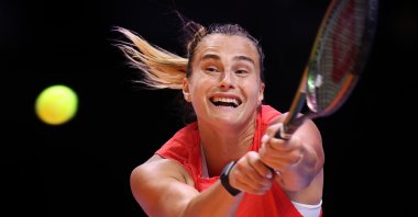 Aryna Sabalenka of the Falcons plays a backhand against Elena Rybakina of the Hawks during day two of the World Tennis League at Coca-Cola Arena, Dubai, United Arab Emirates, Dec. 20, 2022. (Getty Images Photo)