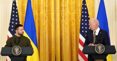 U.S. President Joe Biden and Ukraine's President Volodymyr Zelenskyy hold a joint news conference in the East Room of the White House in Washington, U.S., Dec. 21, 2022. (Reuters Photo)
