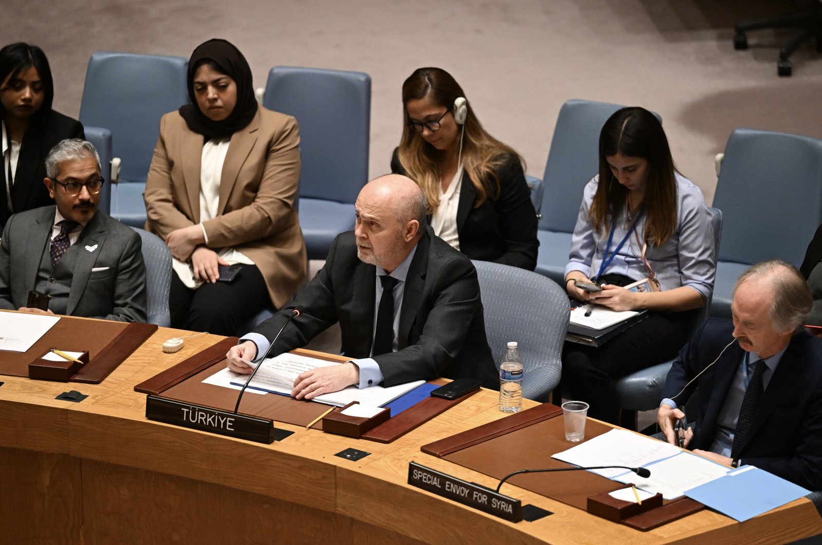 Türkiye&#039;s Ambassador to the U.N. Feridun Sinirlioğlu speaks at a U.N. Security Council meeting on Syria in New York, U.S., Nov. 29, 2022. (AA Photo)
