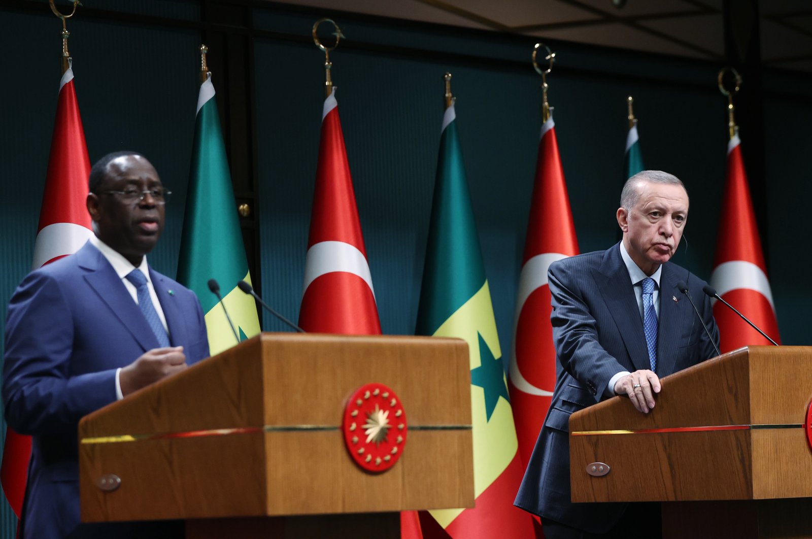 President Recep Tayyip Erdoğan is seen with his Senegalese counterpart Macky Sall at the presidential complex in the capital Ankara, Türkiye, Dec.21, 2022 (IHA Photo)