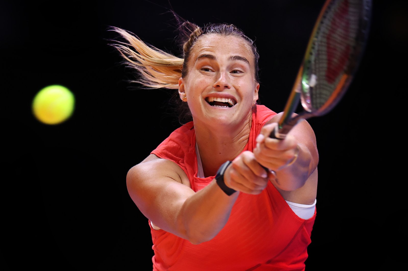 Aryna Sabalenka of the Falcons plays a backhand against Elena Rybakina of the Hawks during day two of the World Tennis League at Coca-Cola Arena, Dubai, United Arab Emirates, Dec. 20, 2022. (Getty Images Photo)