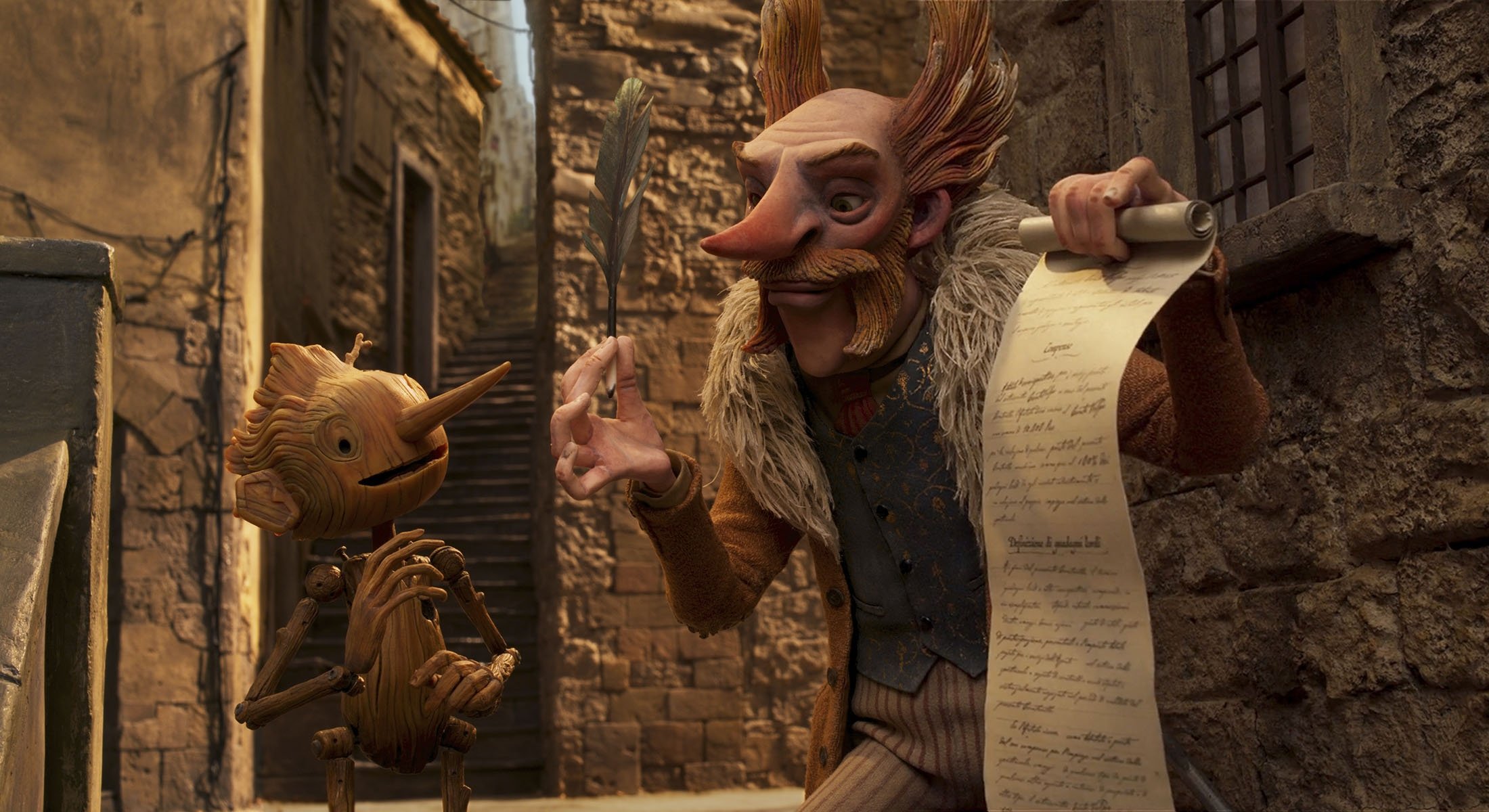 Pinocchio (kiri), disuarakan oleh Gregory Mann, dan Count Volpe, disuarakan oleh Christoph Waltz, dalam sebuah adegan dari 