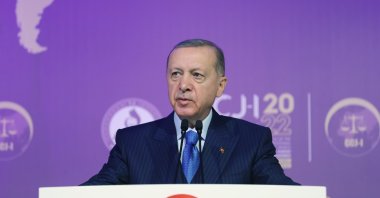 President Recep Tayyip Erdoğan speaks at the inaugural congress of the Conference of Constitutional Jurisdictions of the Islamic World in Istanbul, Türkiye, Dec. 23, 2022. (AA Photo)