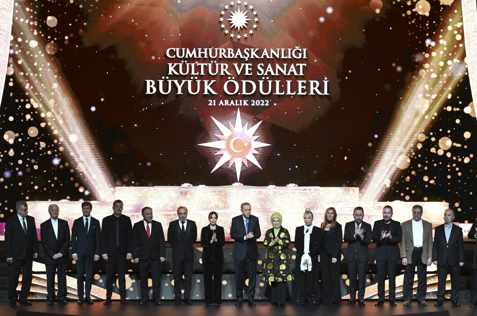 The artists, President Recep Tayyip Erdoğan (center L) and first lady Emine Erdoğan (center R) attend the 2022 Presidential Culture and Art Grand Awards Ceremony, Ankara, Türkiye, Dec. 21, 2022. (AA Photo)