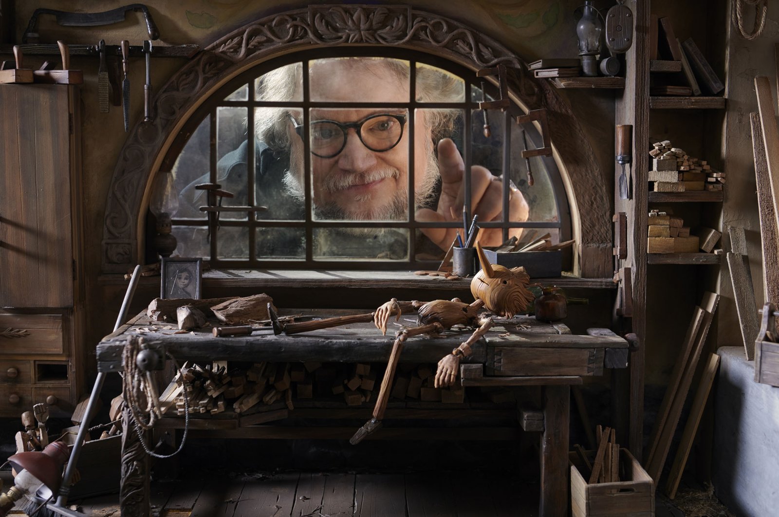 Filmmaker Guillermo del Toro, on the set of  &quot;Guillermo del Toro&#039;s Pinocchio.&quot; (AP Photo)