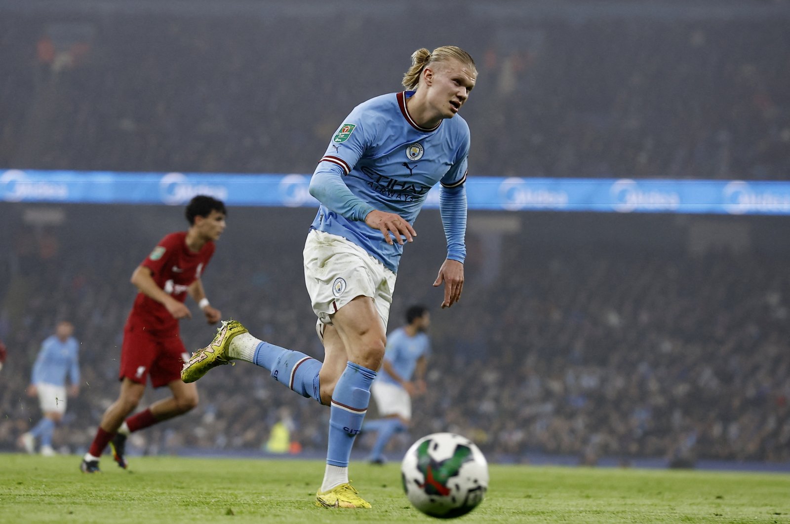 Manchester City&#039;s Erling Braut Haaland in action during the Manchester City versus Liverpool Carabao Cup round of 16 match at the Etihad Stadium, Manchester, United Kingdom, Dec. 22, 2022. (Reuters Photo)