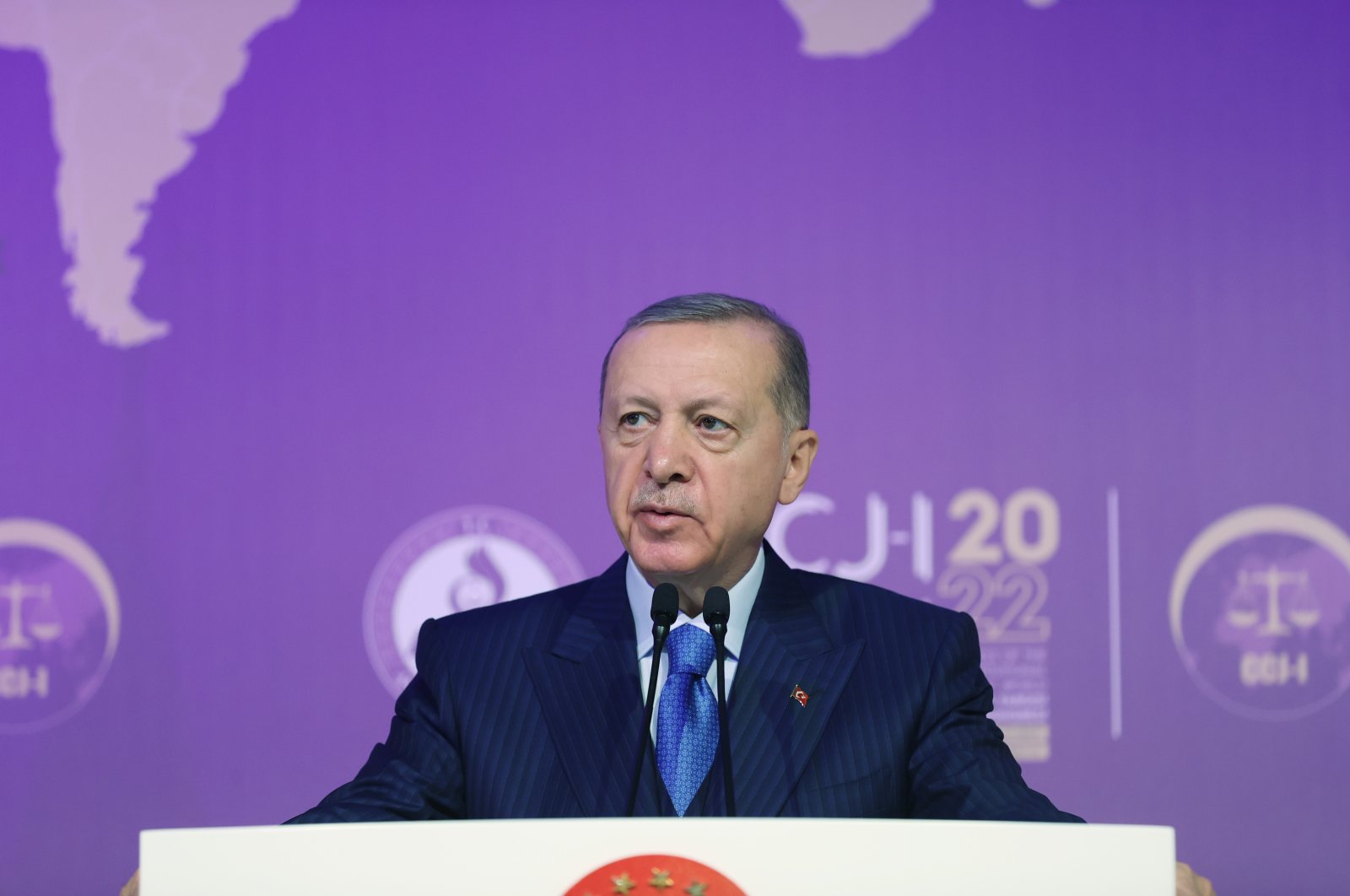 President Recep Tayyip Erdoğan speaks at the inaugural congress of the Conference of Constitutional Jurisdictions of the Islamic World in Istanbul, Türkiye, Dec. 23, 2022. (AA Photo)