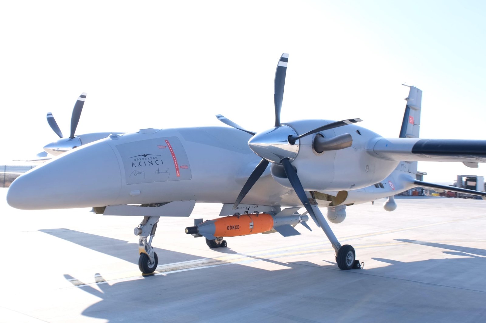 The new generation guidance kit Gökçe is seen integrated on an Akıncı UCAV at Baykar&#039;s flight training and test center in the Çorlu district of Tekirdağ province, northwestern Türkiye, Dec. 22, 2023. (DHA Photo)