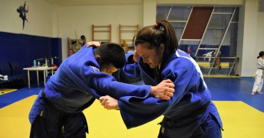 National judoka Raziye Uluçam (R), who won a silver medal at the IBSA World Blind Judo Championship, trains in preparation for the 2024 Paris Paralympics Games, Aksaray, Türkiye. (AA Photo)