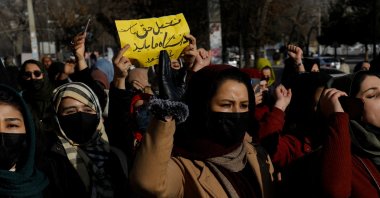 Afghan women chant slogans in protest against the closure of universities to women by the Taliban in Kabul, Afghanistan, Dec. 22, 2022. (Reuters Photo)