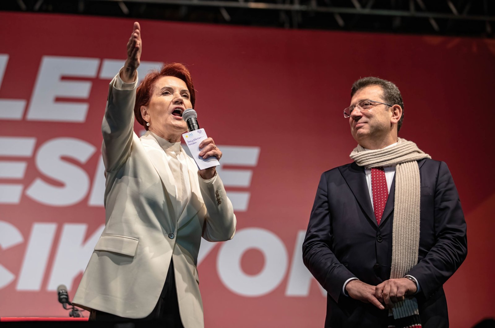 Good Party (IP) Chairperson Meral Akşener (L) and Istanbul Mayor Ekrem Imamoğlu deliver a speech at a rally held in front of the Istanbul Metropolitan Municipality building, Istanbul, Türkiye, Dec. 15, 2022. (Getty Images Photo)