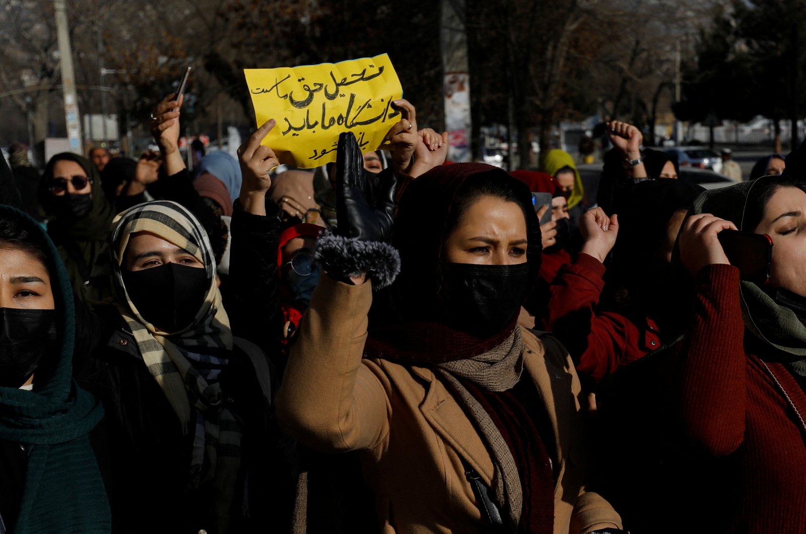 Afghan women chant slogans in protest against the closure of universities to women by the Taliban in Kabul, Afghanistan, Dec. 22, 2022. (Reuters Photo)