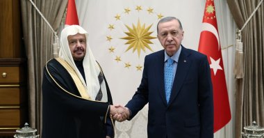 President Recep Tayyip Erdoğan shakes hands with Saudi Arabia’s Consultative Council Chairperson Abdullah ibn Muhammad Al ash-Sheikh ahead of a closed-door meeting in Türkiye&#039;s capital Ankara, Dec. 26, 2022. (AA Photo)