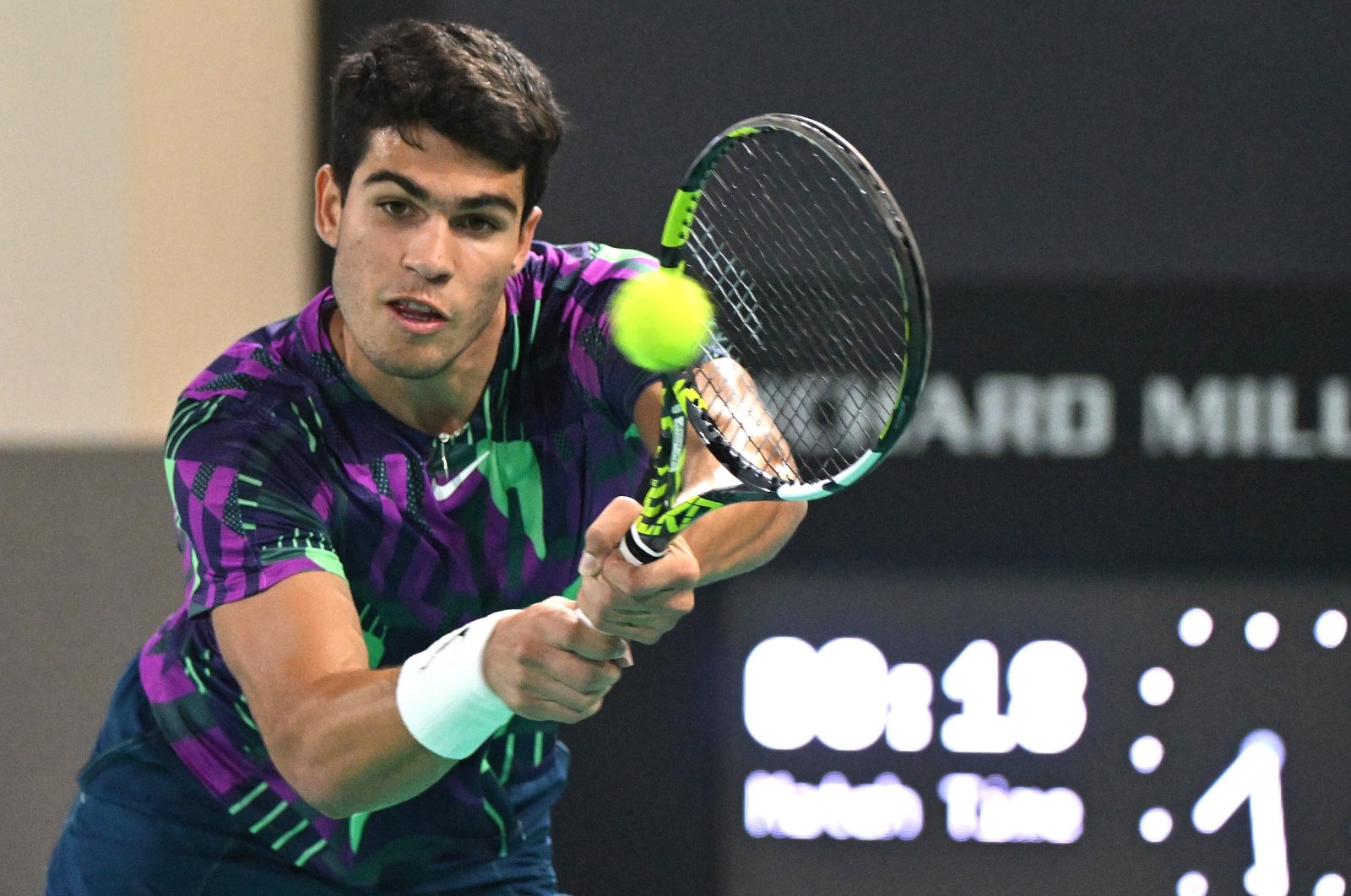 Carlos Alcaraz of Spain in action against Andrey Rublev of Russia during their match at the Mubadala World Tennis Championship exhibition tournament, Abu Dhabi, United Arab Emirates, Dec. 17, 2022. (EPA Photo)