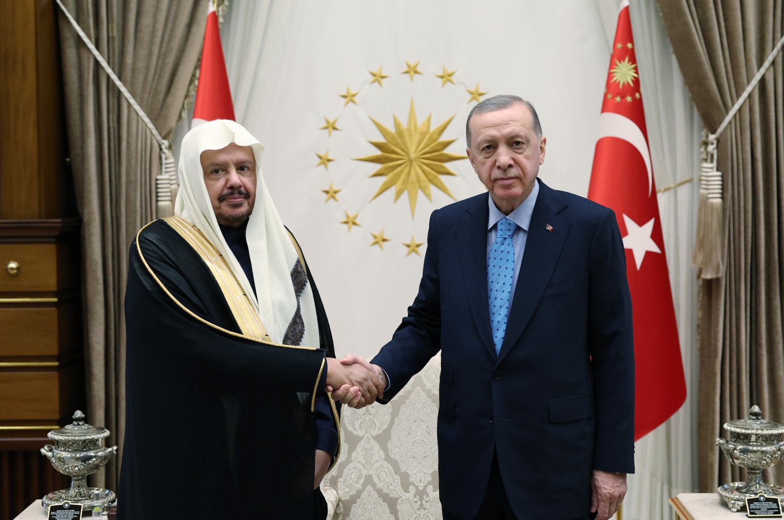 President Recep Tayyip Erdoğan shakes hands with Saudi Arabia’s Consultative Council Chairperson Abdullah ibn Muhammad Al ash-Sheikh ahead of a closed-door meeting in Türkiye&#039;s capital Ankara, Dec. 26, 2022. (AA Photo)