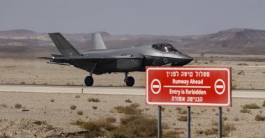 An Israeli F-35 lands during the bi-annual multi-national aerial exercise known as the Blue Flag, at Ovda airbase near Eilat, southern Israel, Sunday, Oct. 24, 2021. (AP Photo)