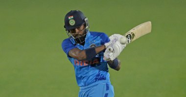 India's Hardik Pandya plays a shot during game three of the T20 International series between New Zealand and India at McLean Park. Napier, New Zealand, Nov. 22, 2022. (Getty Images Photo)