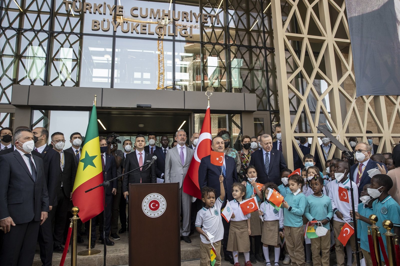 The inauguration of the new Turkish Embassy building in Senegal&#039;s capital Dakar, attended by President Recep Tayyip Erdoğan and Foreign Minister Mevlüt Çavuşoğlu, Feb. 22, 2022. (AA Photo)
