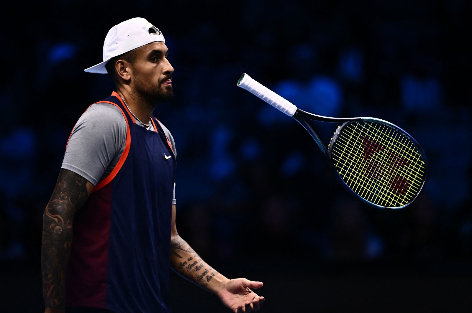 Australia&#039;s Nick Kyrgios reacting during his men&#039;s double round-robin match with Australia&#039;s Thanasi Kokkinakis against Britain&#039;s Neal Skupski and Dutchman Wesley Koolhof at the ATP Finals tennis tournament, Turin, Italy, Nov. 14, 2022. (AFP Photo)