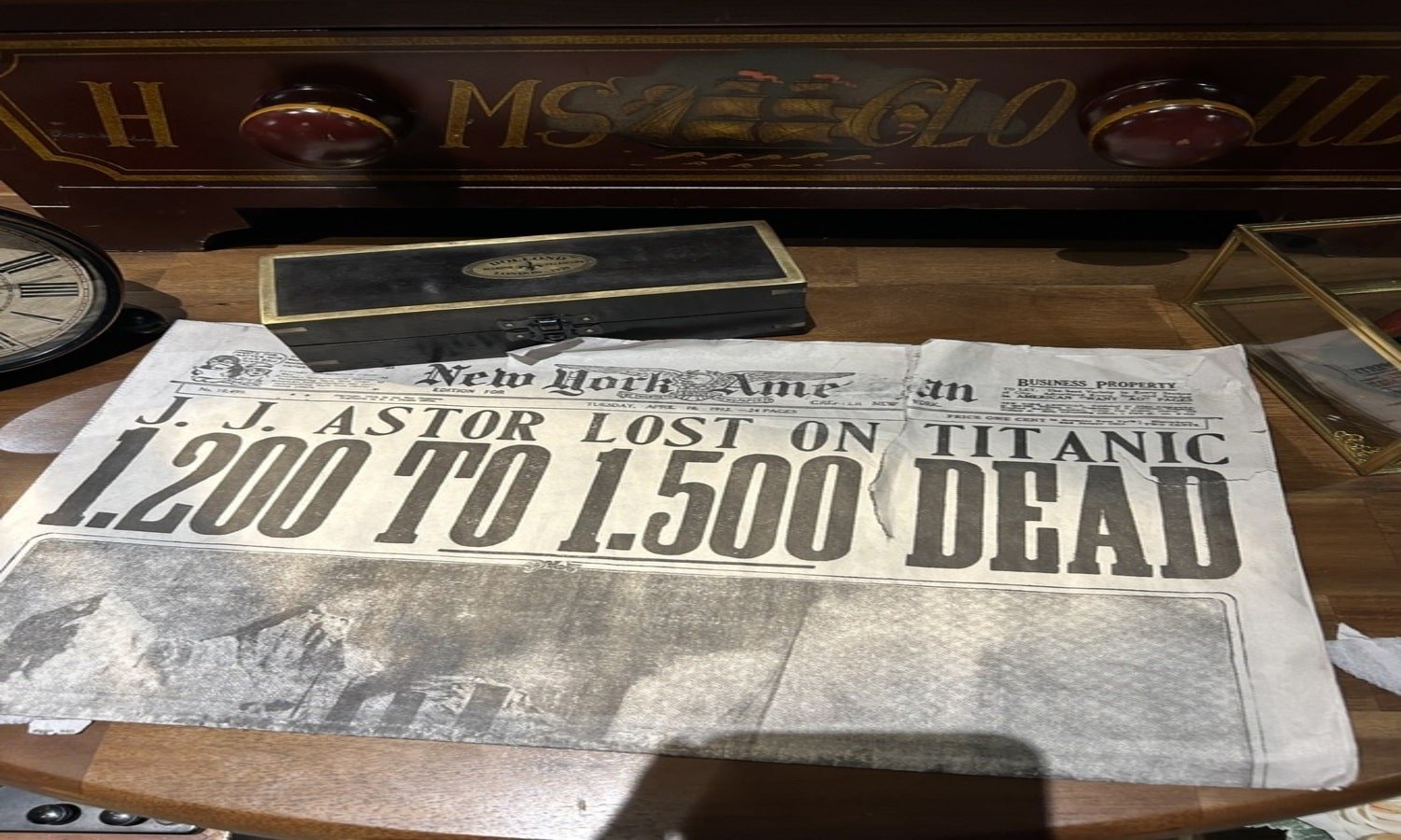 A newspaper with the headline decribing the tragedy is displayed at the &quot;Titanic: The Exhibition.&quot; (Photo by Funda Karayel)