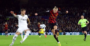Manchester City's Erling Haaland shoots at goal during the Leeds United Vs. Manchester City match at Elland Road, Leeds, Britain, Dec 28, 2022. (Reuters Photo)