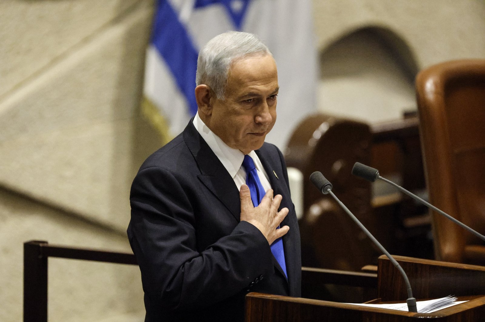 Israeli Prime Minister-designate Benjamin Netanyahu speaks during a special session of the Knesset, Israel&#039;s parliament, to approve and swear in a new right-wing government, in Jerusalem, Israel, Dec. 29, 2022.  (EPA Photo)