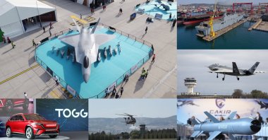 This combination photo shows (top, L-R) a National Combat Aircraft (MMU), the TCG Anadolu, a Bayraktar Kızılelma, (bottom, L-R) a Togg SUV, a Gökbey helicopter and a Çakır missile. 

